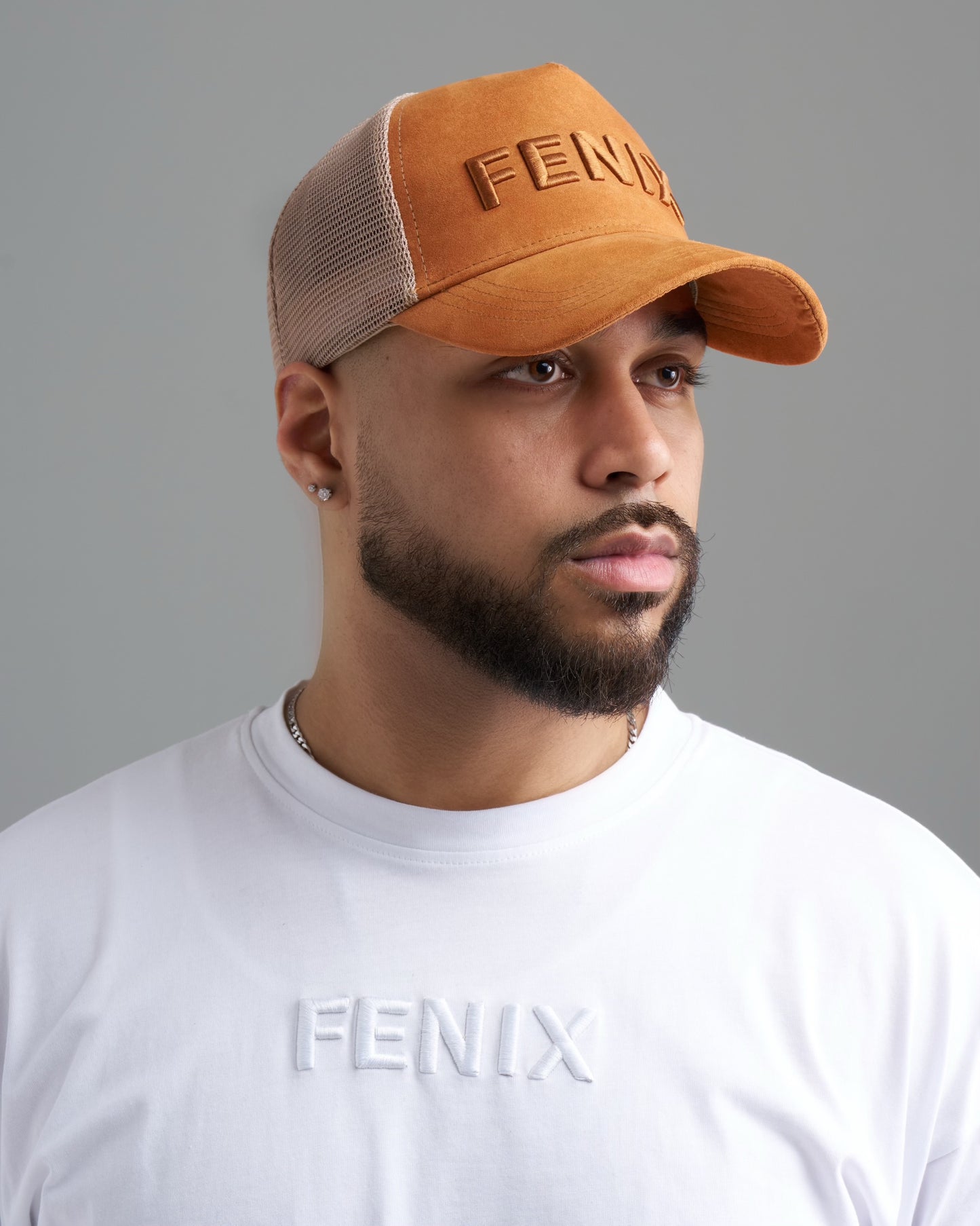 BURNT ORANGE/CREAM SUEDE TRUCKER HAT